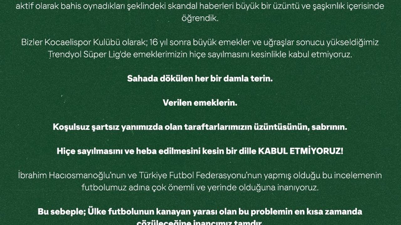 Bahis tartışmalarına Kocaelispor da dahil oldu