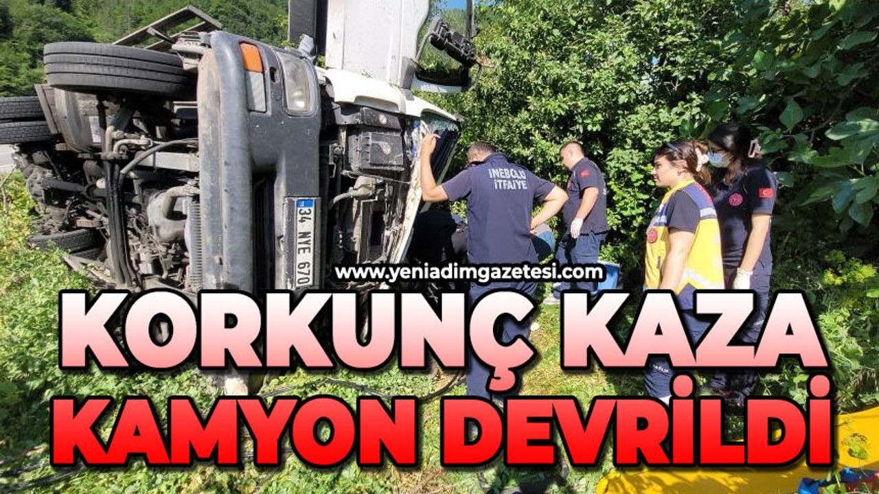 Freni boşalan kamyon devrildi, ekipler sürücüyü kurtarmak iç