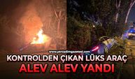 Kontrolden çıkan lüks araç ağaçlara çarparak alev alev yandı
