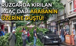 Şiddetli rüzgarda kırılan ağaç dalı arabanın üzerine düştü!