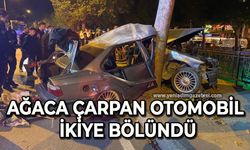 Ağaca çarpan otomobil ikiye bölündü