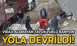 Virajı alamayan tavuk yüklü kamyon yola devrildi