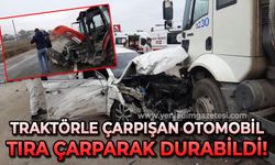 Traktörle çarpışan otomobil, tıra çarparak durabildi: 2 yaralı