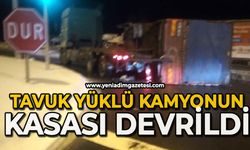 Tavuk yüklü kamyonun kasası devrildi