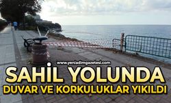 Sahil yolunda duvar ve korkuluklar yıkıldı