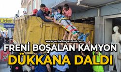 Freni patlayan hafriyat kamyonu iş yerine daldı