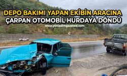 Depo bakımı yapan ekibin aracına çarpan otomobil hurdaya döndü