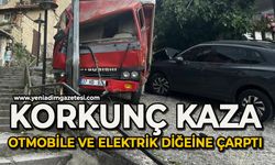 Kontrolden çıkan kamyon park halindeki araç ile elektrik direğine çarptı