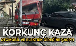 Kamyon park halindeki araç ile elektrik direğine çarptı