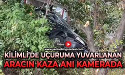 Kilimli'de uçuruma yuvarlanan aracın kaza anı kamerada