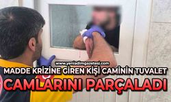 Madde krizine giren kişi caminin tuvalet camlarını parçaladı