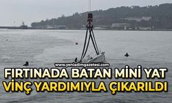 Fırtınada batan mini yat vinç yardımıyla karaya çıkarıldı