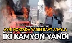 Aynı noktada yarım saat arayla iki kamyon yandı