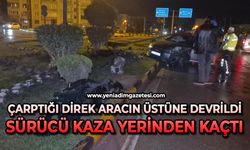 Çarptığı direk aracın üstüne devrildi, sürücü kaza yerinden kaçtı