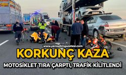 Korkunç kaza: Motosiklet tıra çarptı, trafik kilitlendi