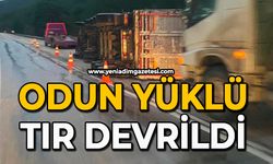 Odun yüklü tır devrildi