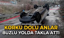Korku dolu anlar: Buzlu yolda takla attı
