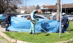 Yeşil alan bakımlarında araçlar brandalarla korunuyor