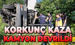Freni boşalan kamyon devrildi, ekipler sürücüyü kurtarmak için zamanla yarıştı