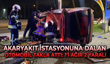 Akaryakıt istasyonuna dalan otomobil takla attı: 1'i ağır 2 yaralı