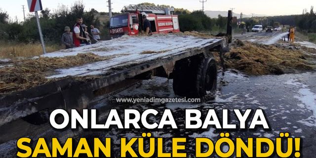 Traktörün römork kısmında yangın: Saman balyaları küle döndü!
