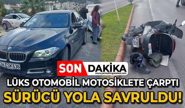 Lüks otomobil motosiklete çarptı: Motosiklet sürücüsü yola savruldu!