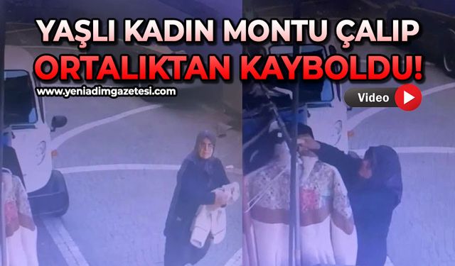 Yaşlı kadın, mağazanın önünde satılan montu çalıp gözden kayboldu