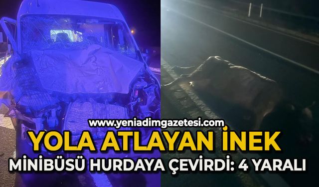 Yola atlayan inek minibüsü hurdaya çevirdi: 4 yaralı