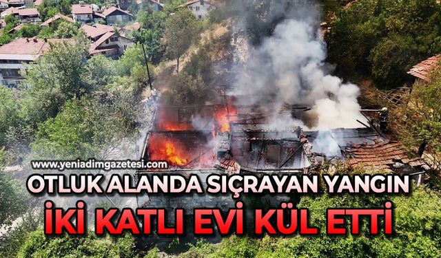 Otluk alanda sıçrayan yangın iki katlı evi kül etti