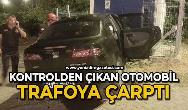 Kontrolden çıkan otomobil trafoya çarptı