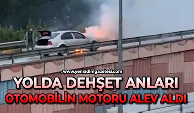 Yolda dehşet anları: Otomobilin motoru alev aldı