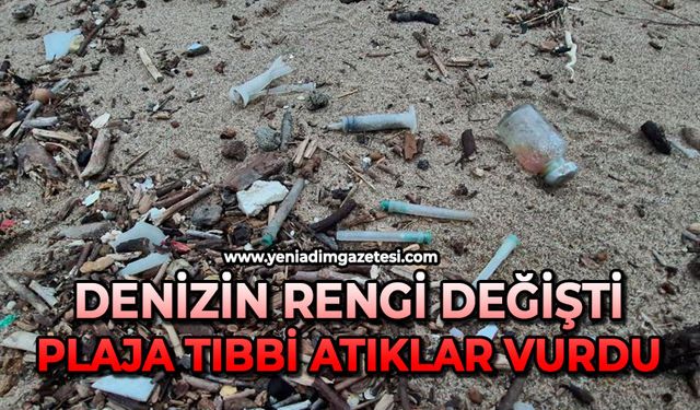 Denizin rengi değişti, plaja tıbbi atıklar vurdu