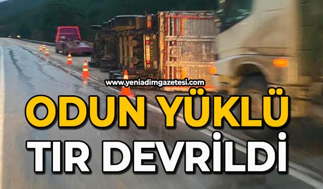 Odun yüklü tır devrildi