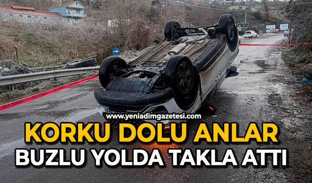 Korku dolu anlar: Buzlu yolda takla attı