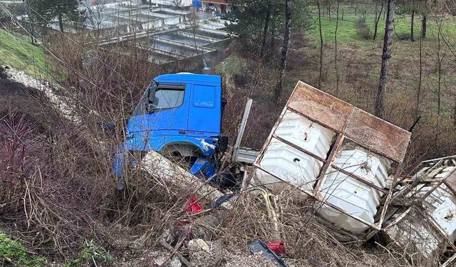 Tır şarampole devrildi, elektrik direği zarar gördü