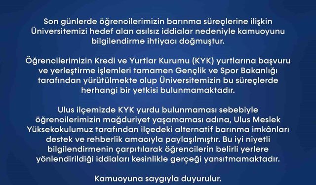 BARÜ'den öğrencilerin barınma konusunda açıklama