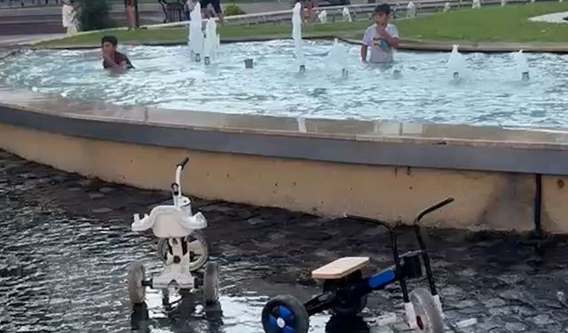 Tehlikeli serinlik: Yasağa ve elektrik akımına aldırış etmeden süs havuzunda yüzdüler