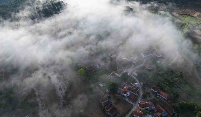 Kastamonu'da ilçe ve ormanların üzerini kaplayan sis bulutları görüntülendi
