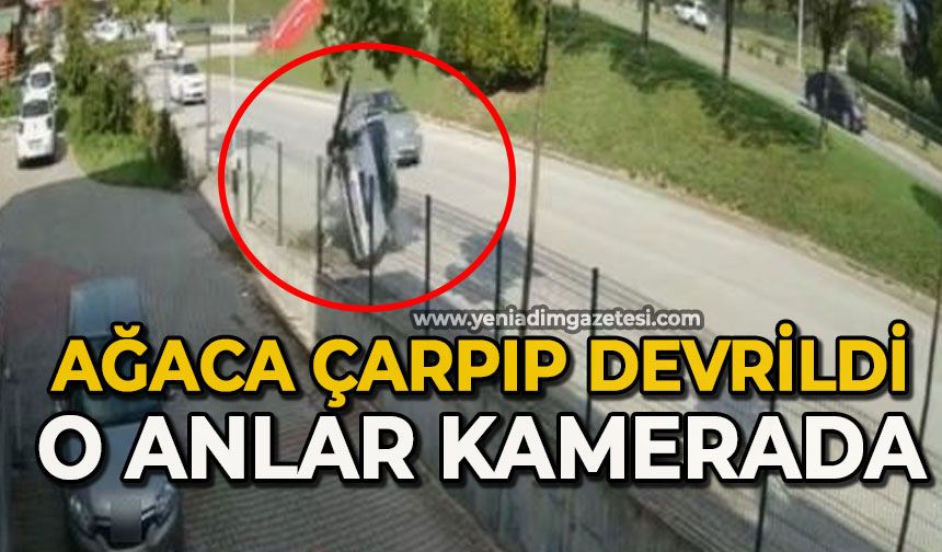 Otomobil ağaca çarpıp devrildi: O anlar kamerada