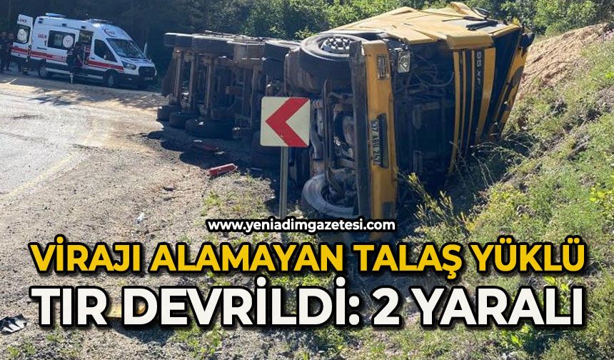 Virajı alamayan talaş yüklü tır devrildi: 2 yaralı