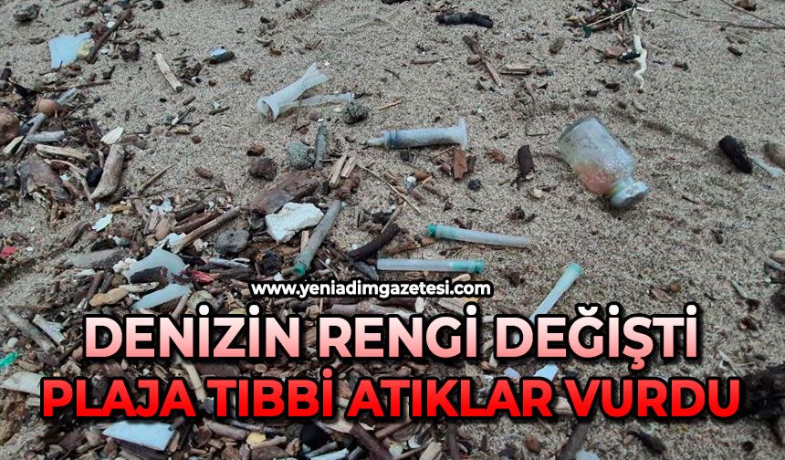 Denizin rengi değişti, plaja tıbbi atıklar vurdu