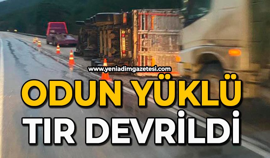 Odun yüklü tır devrildi