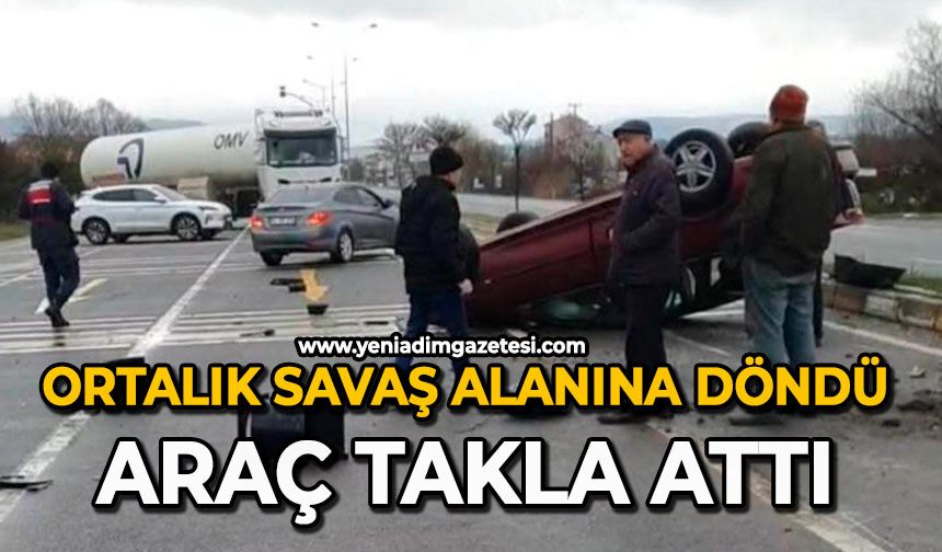 Ortalık savaş alanına döndü: Araç takla attı