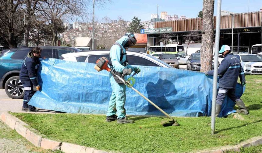 Yeşil alan bakımlarında araçlar brandalarla korunuyor