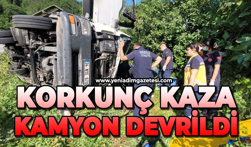Freni boşalan kamyon devrildi, ekipler sürücüyü kurtarmak için zamanla yarıştı