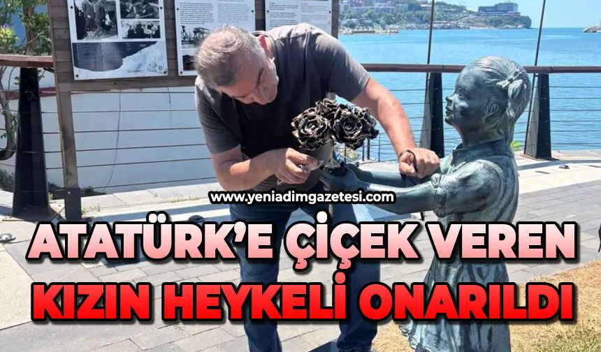 Atatürk’e çiçek veren kızın heykeli onarıldı