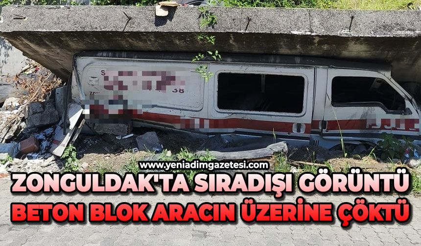 Zonguldak'ta sıradışı görüntü: Beton blok aracın üzerine çöktü