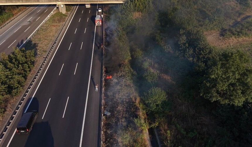 Otoyolda korkutan yangın: Yol kenarına atılan izmarit yangın çıkarttı