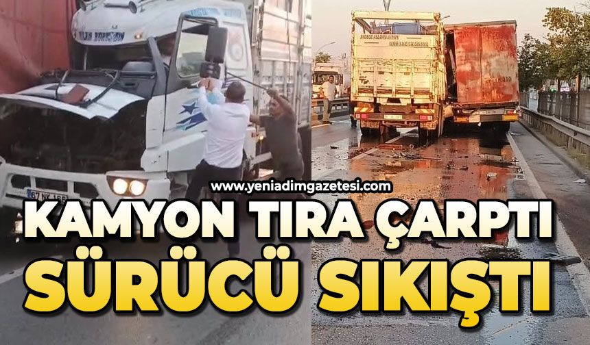 Kamyon tıra çarptı: Sürücü sıkıştı