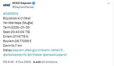 0X0 Afad Acikladi Muglada 4 Buyuklugunde Deprem 1736099846612